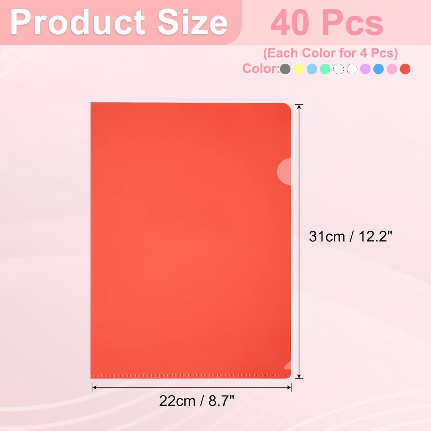 PATIKIL A4 Plastic Folders, 40 Pack Clear Folders L Type Project Pockets Paper Document Jacket Sleeves L Shaped Transparent for Documents Plastic Office File, 8.7x12.2in, Red