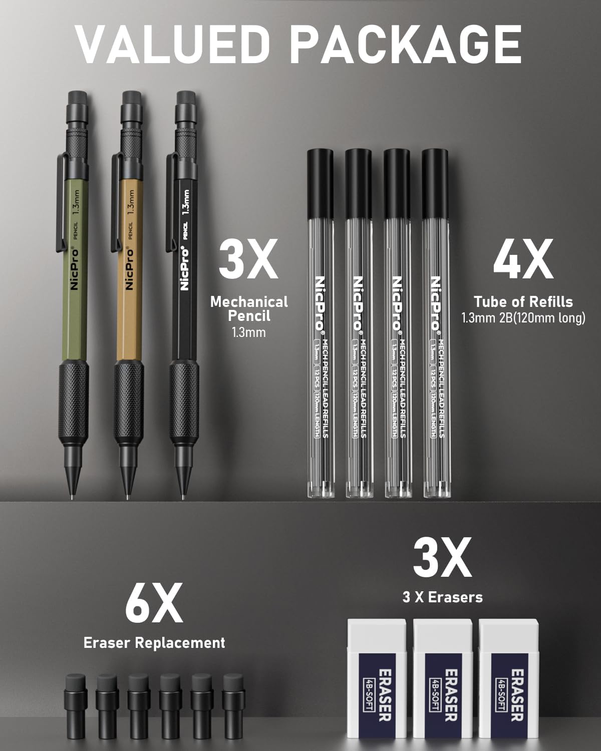 Nicpro 3 PCS 1.3 mm Orange Mechanical Pencils Set with 66 Lead Refill, 3 Eraser - Weatherproof Metal Barrel, Heavy Duty Carpenter Pencil MP2000 for Outdoor Marking Drafting Drawing Woodworking