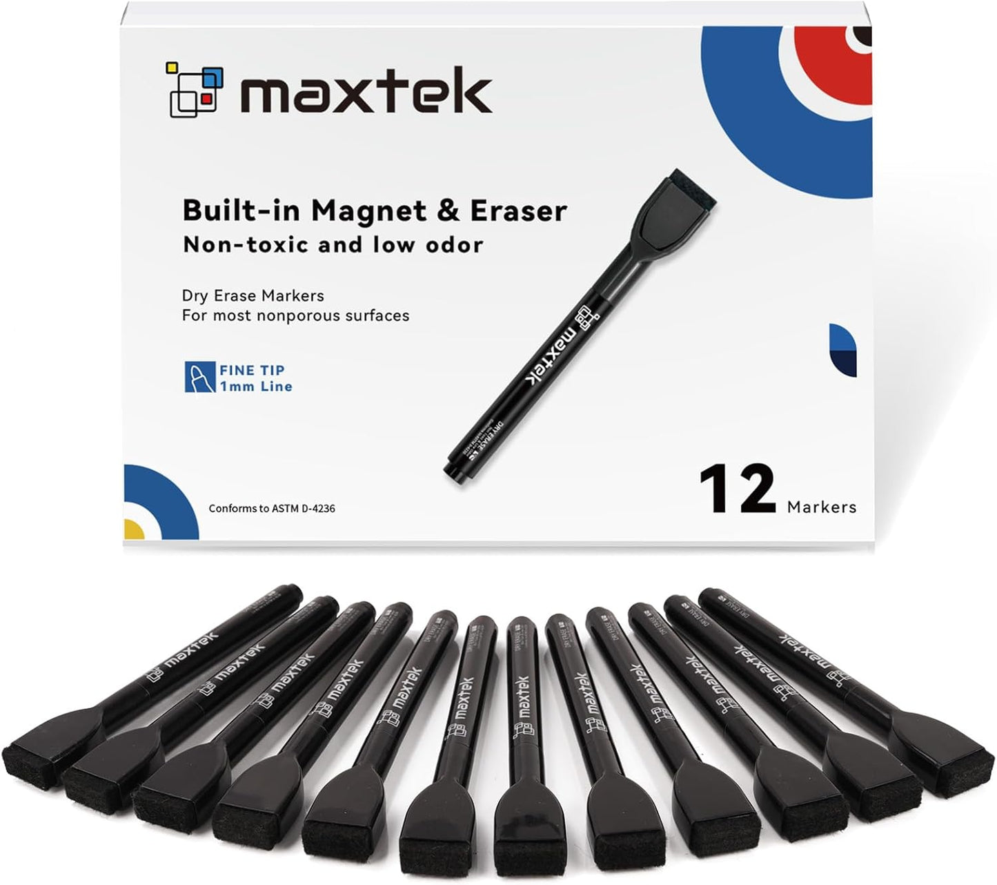 maxtek Magnetic Black Dry Erase Markers, 6 Count Fine Tip Whiteboard Markers with Eraser, Thin Markers Low Odor for Classroom, Office, Home