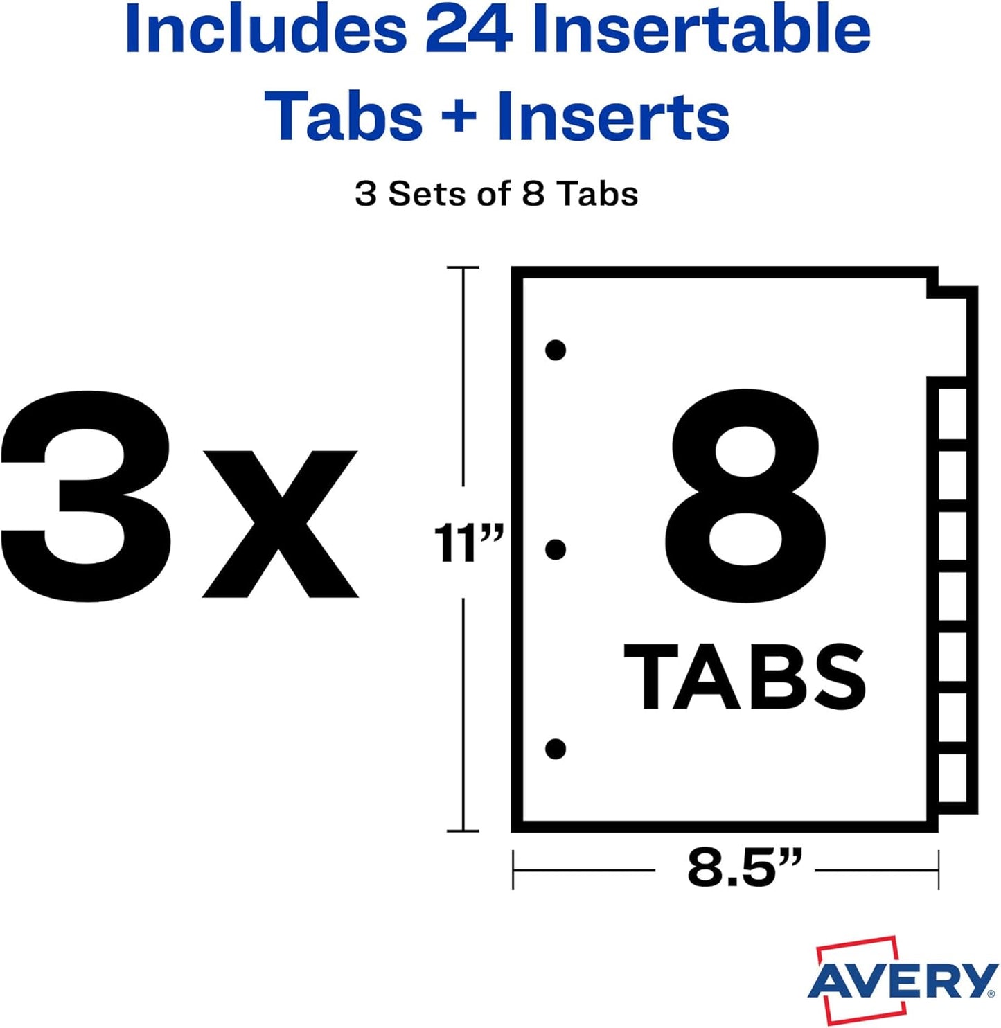 Avery Dividers for 3 Ring Binders, 8-Tab Plastic Binder Dividers, Insertable Big Tabs, Multicolor (3 Sets of 11901)