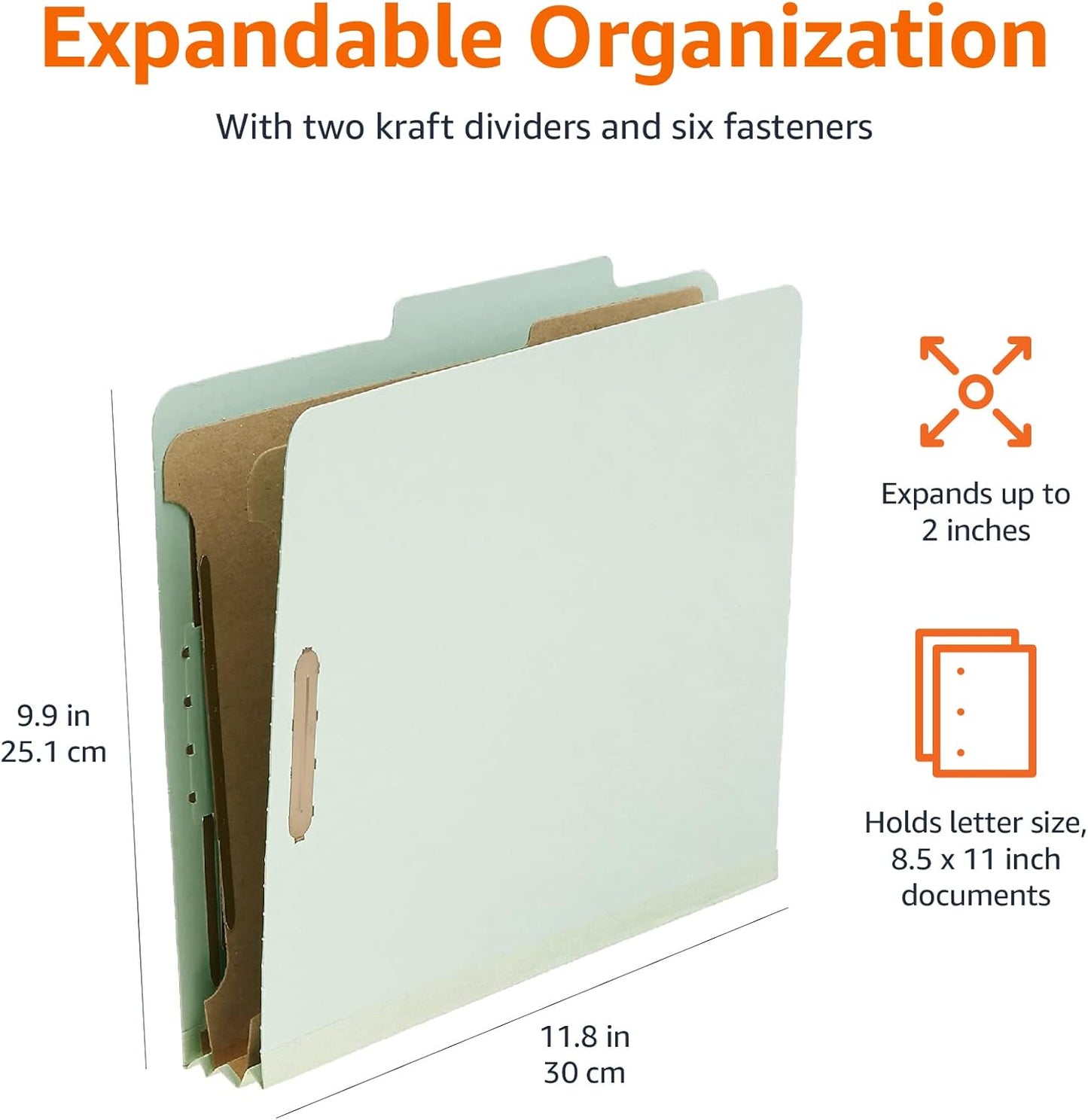 Amazon Basics Classification Folder with Prongs, 100% Recycled, 2 Dividers, 2" Embedded Fasteners, Letter Size, for Documents Organization, Light Blue, 10 Count