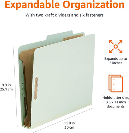 Amazon Basics Classification Folder with Prongs, 100% Recycled, 2 Dividers, 2" Embedded Fasteners, Letter Size, for Documents Organization, Light Blue, 10 Count