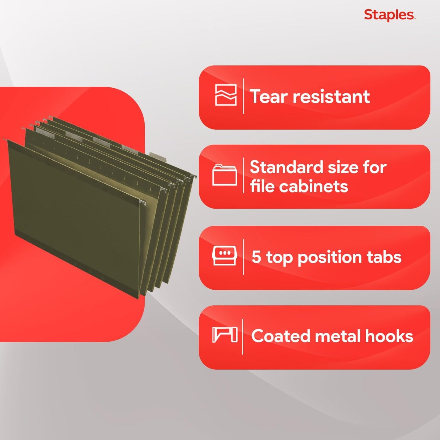 Staples Hanging File Folders, Letter Size, Blue, 5‑Tab, 1/5‑Cut Tabs, Includes Tabs & Inserts – 25/Pack