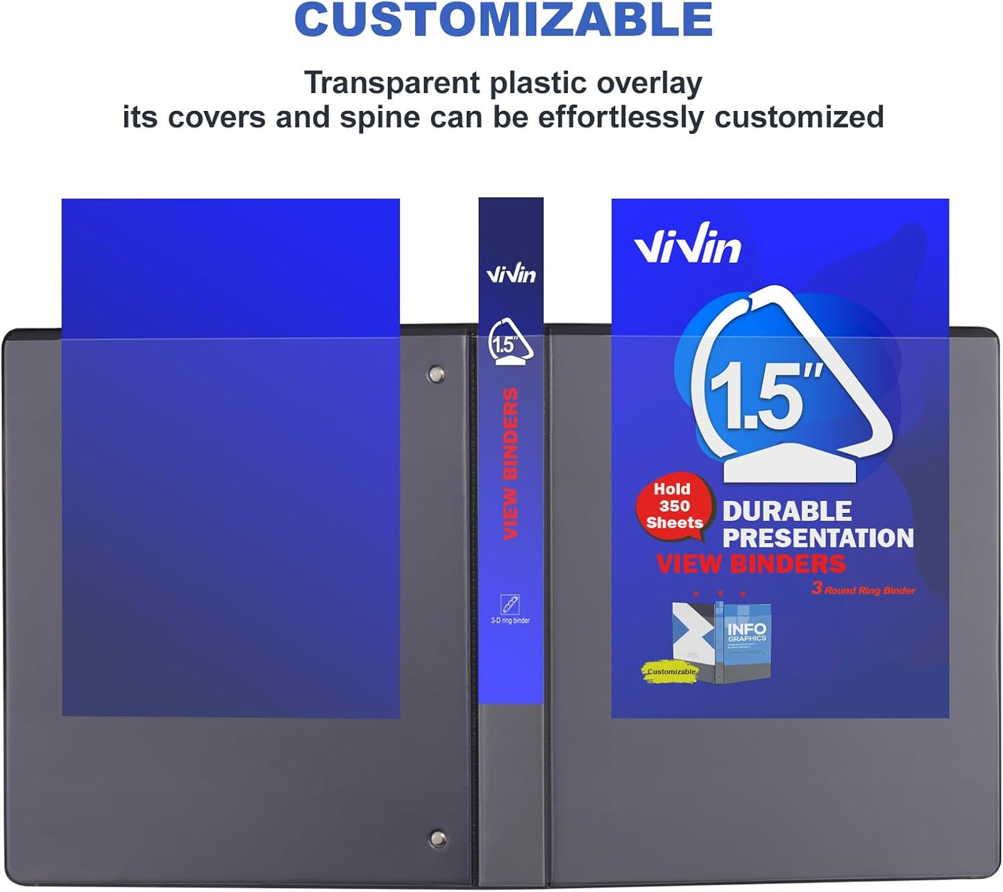 3 Ring Binder 1-1/2 Inch, ViVin Sturdy 1.5"-Slant D Ring Binder with 2 Interior Pockets, Clear View Cover, PVC-Free, Fits 350 Sheets of US Letter Size Paper (6 Pack, White)