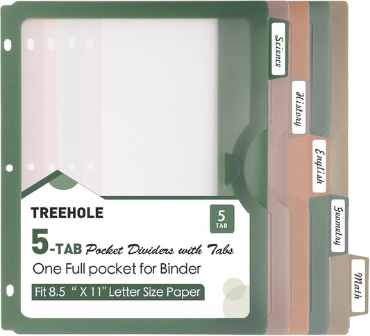 5-Tab 1 Set Binder Divider with One Full Pocke Dividers for 3 Ring Binder, Clear View Recipe Binder Dividers for US Letter Size 8.5 x 11' Index Dividers for Office, School Morandi Color