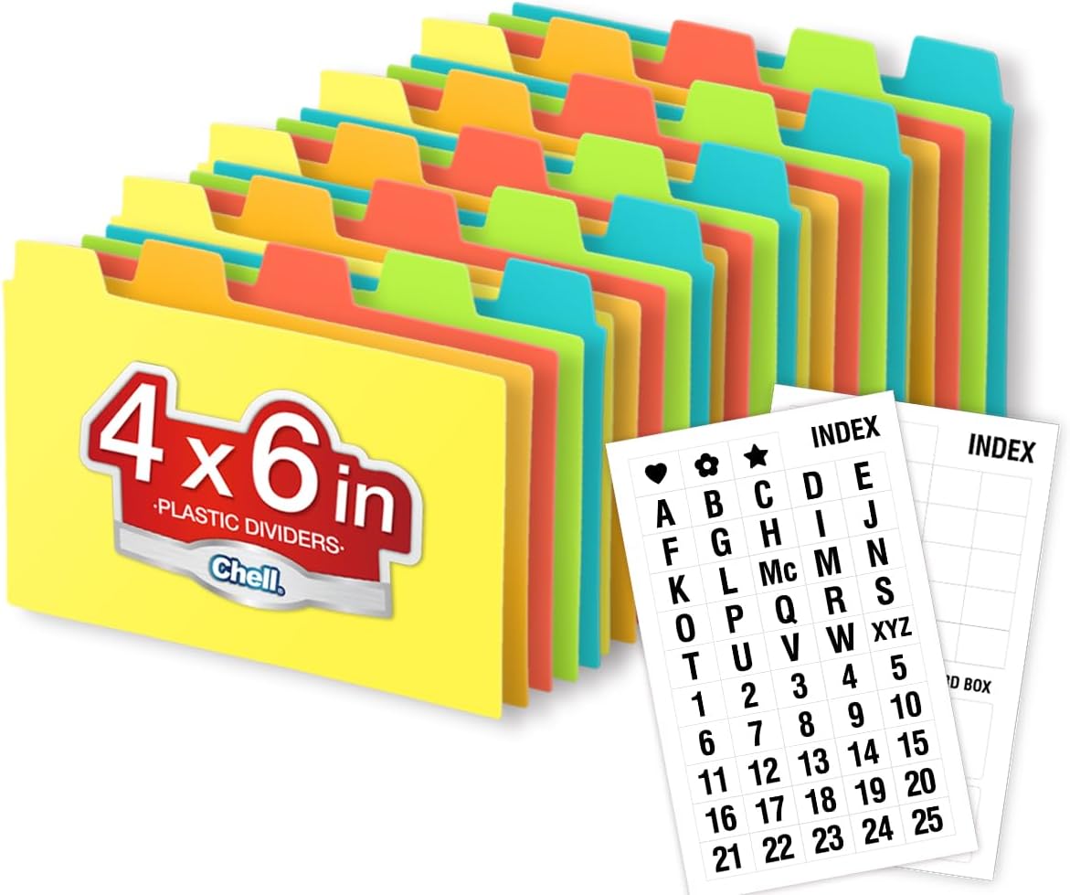 Chell 4x6 Plastic Index Card Dividers, Heavyweight Poly Index Card Guides A-Z for Flash Cards and Recipe Cards, with Alphabetical/Blank Stickers, Pack of 25