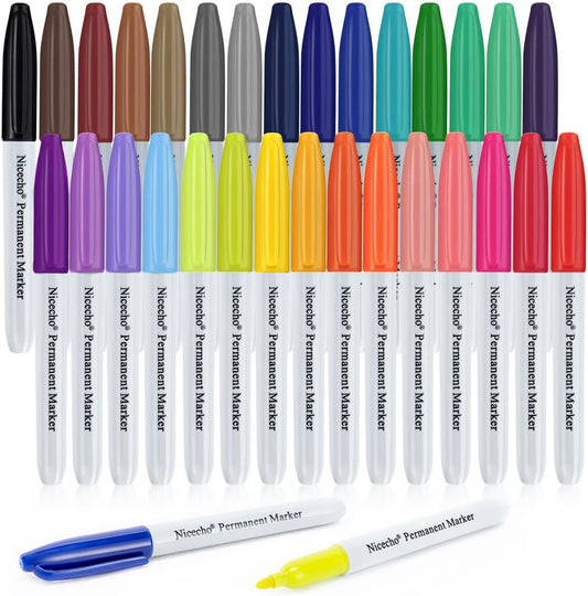 Nicecho Permanent Markers, 30 Colored Fine Point Marker Pens, Waterproof Marker Works on Paper, Plastic, Wood, Metal and Glass