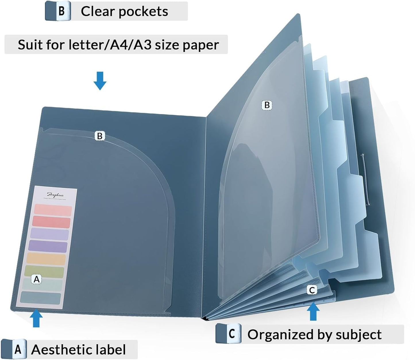 SKYDUE Accordion File Organizer, 5 Pocket Expanding File Folders with Pockets, Document Organizer, Portable Paper Organizer，School Office Supplies Blue