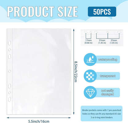 VOKOY 100 Pack 5.5x8.5 Inch Sheet Protectors for 3 or 6 Ring A5 Binder, Half Letter Size 7 Holes Mini Heavy-Duty Sheet Protector Sleeves Crystal Clear Playbill Binder Pockets
