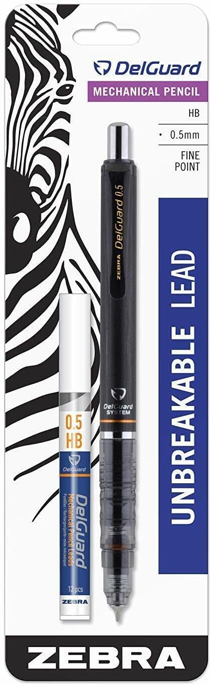 Zebra Pen DelGuard Mechanical Pencil 0.5mm, Black, Blue & White Barrel, Resists Lead Breaking, Double Spring Protection, Built-In Eraser, 3-Pack with Refills, Clip for Easy Carrying (58603)