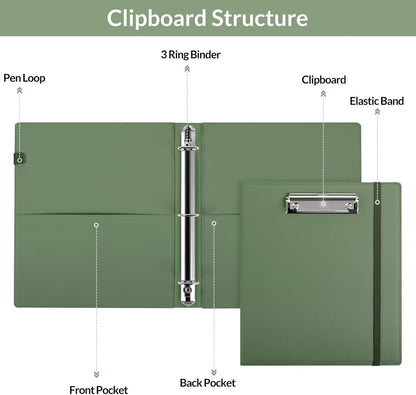 SKYDUE 3 Ring Binder with Clipboard,1 Inch Binder, 13.2" × 10.2" PU Clipboard Binder with Notepad & 5 Dividers with 5 Pockets, Labels, Clipboard Folder Great for School Office(Fit Letter Sized Paper)