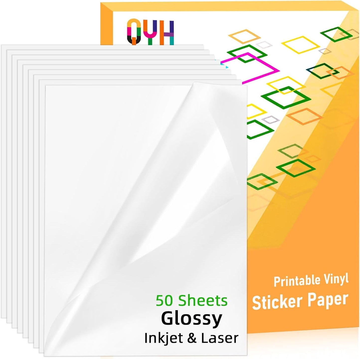 QYH Printable Vinyl Sticker Paper for Inkjet & Laser Printer - Matte White Waterproof, 50 Sheets Vivid Colors, Compatible with Cricut, Silhouette, Ideal for Small Business & DIY- 8.5"x11"