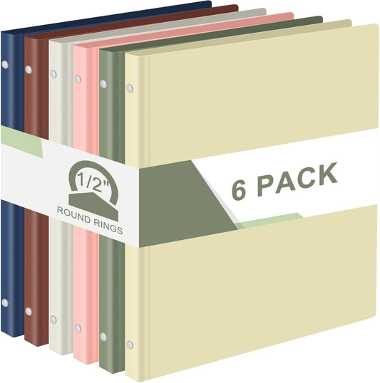 Fulmoon 6 Pack Plastic 3 Ring Binder Assorted Colors Economy Flexible Round Ring Presentation Binders with Pocket for Office School Meeting(1 Inch,Neon Colors)