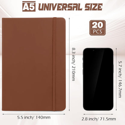 Honoson 20 Pack Lined Journal Notebooks A5 Hardcover Executive Notebook 5.5" x 8.3" PU Leather Wide Ruled Journals Bulk with Elastic Band for Home Business Office School Supplies(Black)