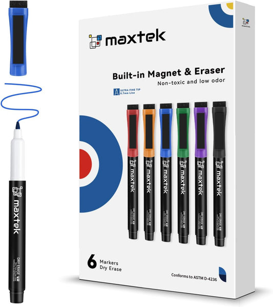 maxtek Magnetic Dry Erase Markers Ultra Fine Tip, 0.7mm Extra Fine Point Thin Dry Erase Markers with Eraser for Planning Whiteboard, Calendar Boards, 6 Colors, Low Odor