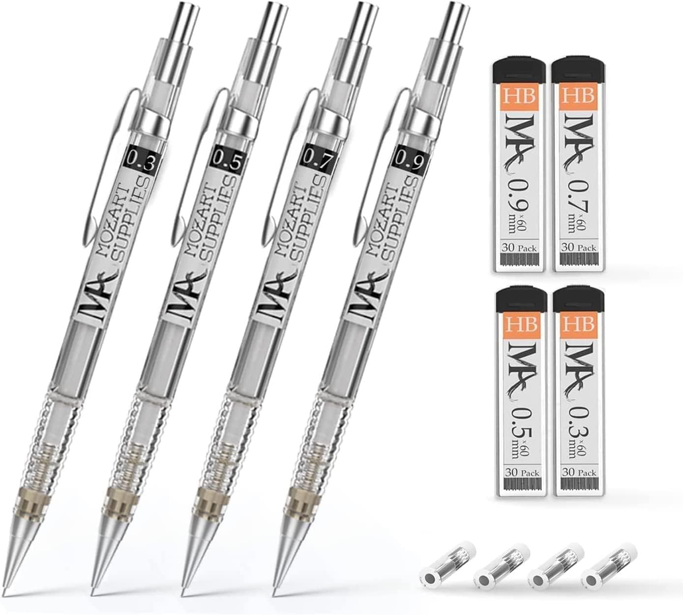 Mozart Essential Set of Lead Refills - 4 Sizes: 0.3, 0.5, 0.7 & 0.9 mm with 100 HB Lead Refills for Each - for Sketch, Architecture, Drafting, Art, Drawing Supplies, Metal Mechanical Pencils