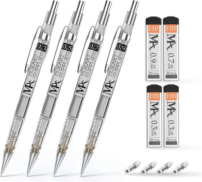 Mozart Essential Set of Lead Refills - 4 Sizes: 0.3, 0.5, 0.7 & 0.9 mm with 100 HB Lead Refills for Each - for Sketch, Architecture, Drafting, Art, Drawing Supplies, Metal Mechanical Pencils