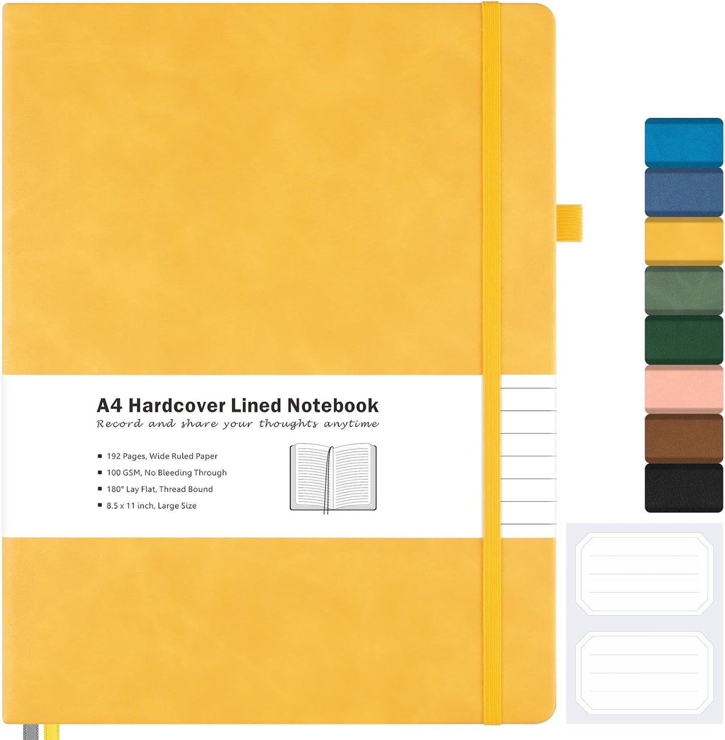 College Ruled Notebook, A4 Hardcover Leather Notebook for Work, Lined Notebook Journal for Women, Men, 192 Thick Paper, Lay Flat, Large Notebook with 2 Pockets, Professional Business Notebook, Black