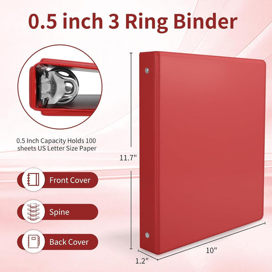 SUQJOY 3-Ring Binder, 1 Inch Round Ring, Clear View Cover with 2 Inside Pockets, PVC-Free, Assorted Colors Binders, Holds 8.5 x 11 Inch Paper, 12 Count