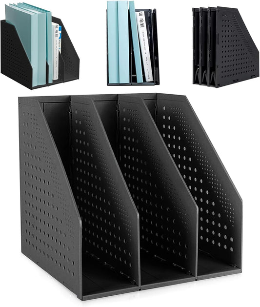 SAYEEC 1Pcs Collapsible Plastic Magazine File Holder Vertical Binder Storage Organizer for Desk Sturdy Upright Desktop Magazine Organizer Folder Rack for Office School Home (3 Compartments, Gray)