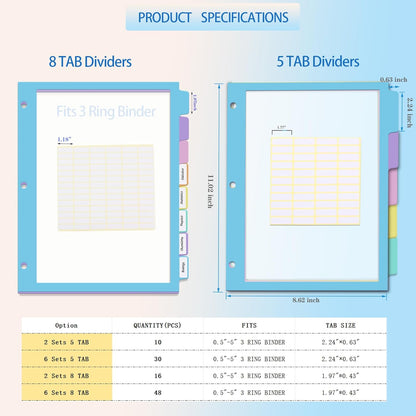 16Pcs/2 Set 8 Tab Dividers, Clear Plastic Binder Dividers with Tabs, for 3 Ring Binder, Letter Size, Multicolor