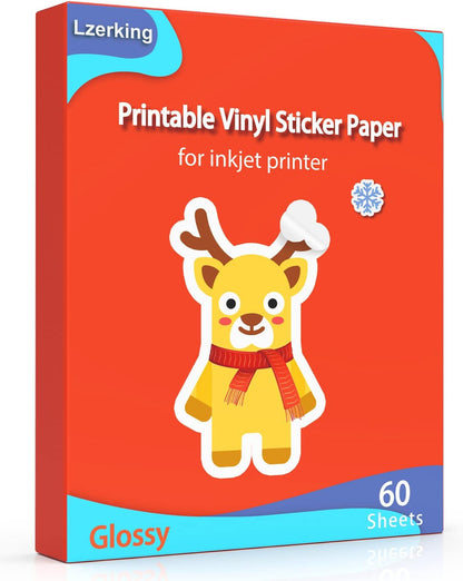 Lzerking Glossy Printable Vinyl Sticker Paper for Printer - 100 Sheets White Quick-Drying Waterproof, for Inkjet & Laser Printers, Compatible with Cricut for Small Business DIY Crafts 8.5x11in