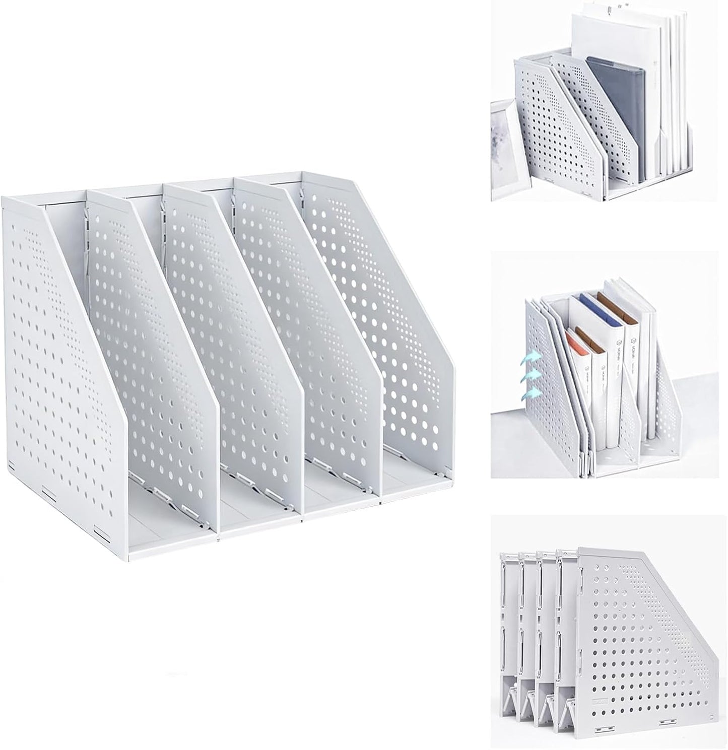 Marte Vanci Collapsible Magazine File Holder with 4 Vertical Compartments, Binder Holder for Desk, Desktop Binder Organizer for Notebook, Documents, Book, School Office Supplies(Light Gray)