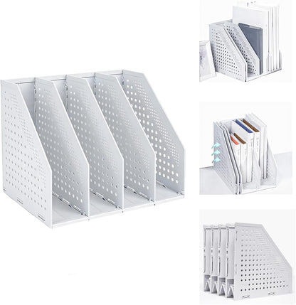 Marte Vanci Collapsible Magazine File Holder with 4 Vertical Compartments, Binder Holder for Desk, Desktop Binder Organizer for Notebook, Documents, Book, School Office Supplies(Light Gray)