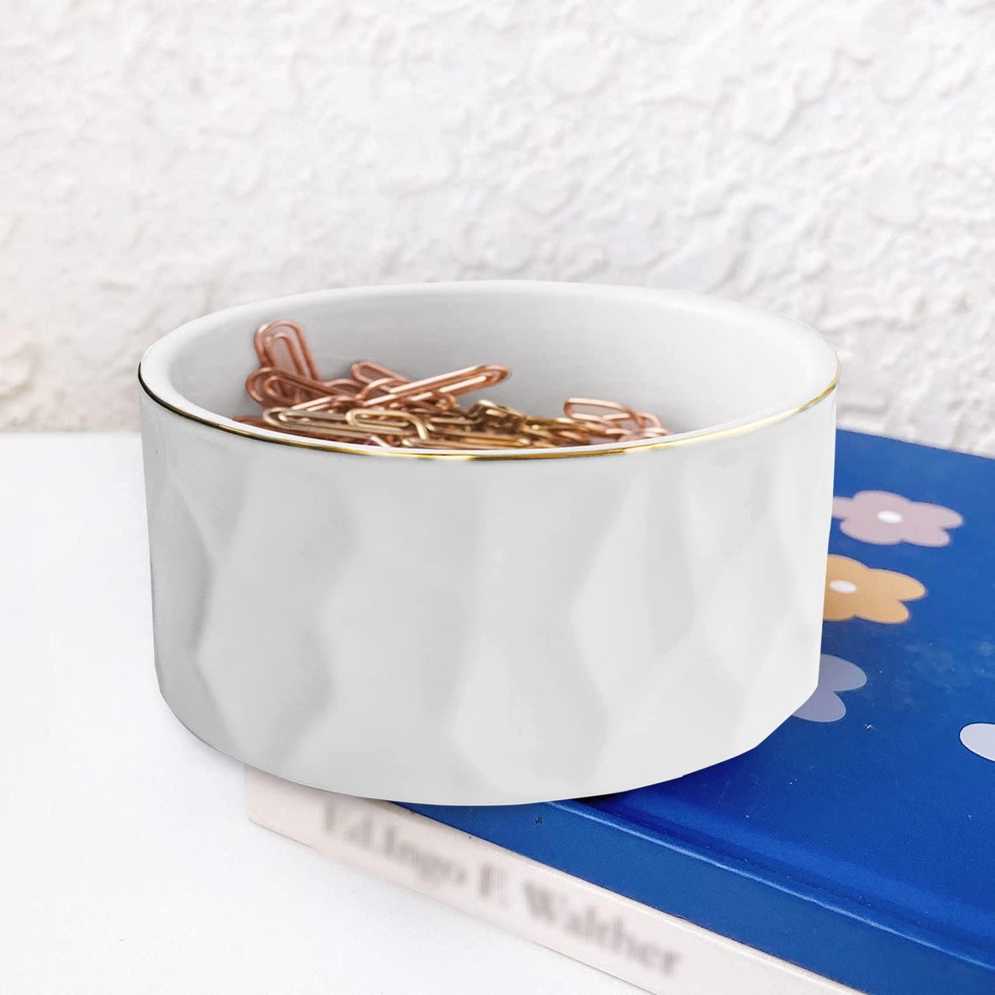 Paper Clip Holder Ceramic Paper Clip Holders Garden Floral Paperclips Holder Dispenser Cute Gold Line Paper Clip Organizer for Desk Binder Clip Holder Bobby Pin Hair Gift for Office Mint Flowers