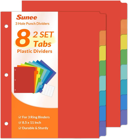 SUNEE 8 Tab Binder Dividers,Plastic Dividers for 3 Ring Binder,3 Ring Binder Dividers with Tabs for School Office Home Supplies,Bright Color, 1 Set