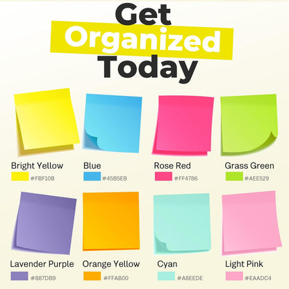 Sticky Notes 3x3 Inches, Bright Colors Self-Stick Pads, Easy to Post for Home, Office, Notebook,100 Sheets/pad (8 Pads)
