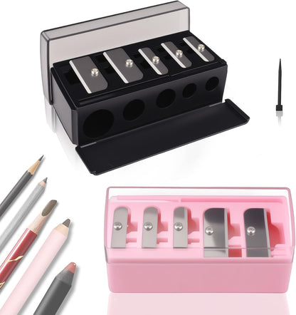 2 Pcs 5 Hole Long Point Manual Makeup Pencil Sharpener with Plastic Lid, Suitable for Eyeliner, Lip Liner and Eyebrow Pencil, Sharpener for Makeup Pencils (Black+Pink)