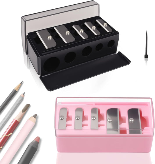 2 Pcs 5 Hole Long Point Manual Makeup Pencil Sharpener with Plastic Lid, Suitable for Eyeliner, Lip Liner and Eyebrow Pencil, Sharpener for Makeup Pencils (Black+Pink)