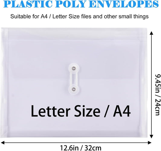 A4 Letter Size Plastic Poly Envelopes with Button and String Tie Closure, 1-1/4" Expansion Clear File Folders Side Loading Documents Organizer for Home School and Office Supplies (7)
