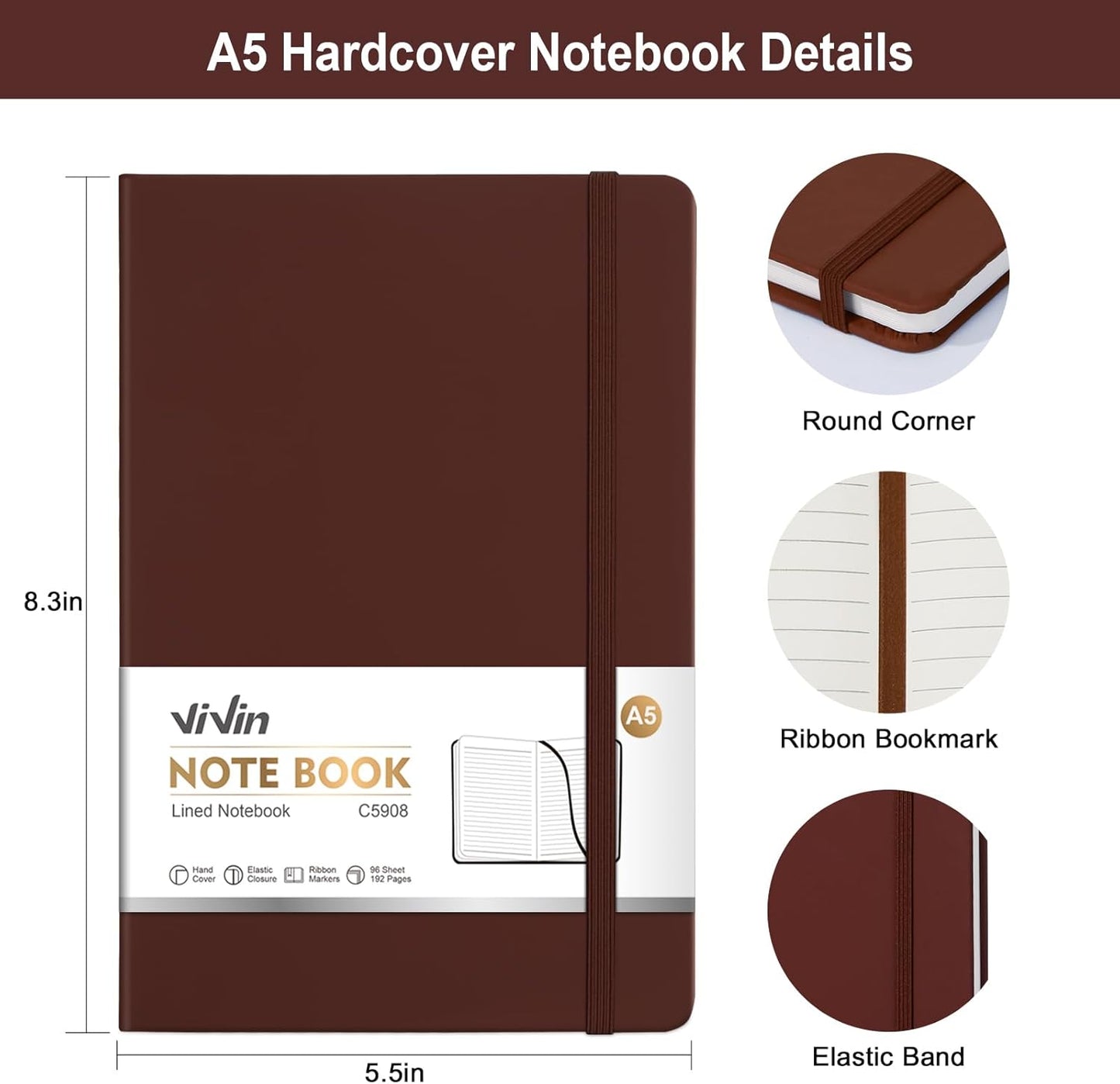 ViVin Lined Journal Notebooks for Work, 192 Pages, Medium 5.5 x 8.3 inch, College Ruled, A5 Hardcover Journaling Notebooks for Writing, 8 Pack Bulk,Black