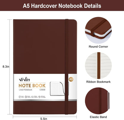 ViVin Lined Journal Notebooks for Work, 192 Pages, Medium 5.5 x 8.3 inch, College Ruled, A5 Hardcover Journaling Notebooks for Writing, 8 Pack Bulk,Black