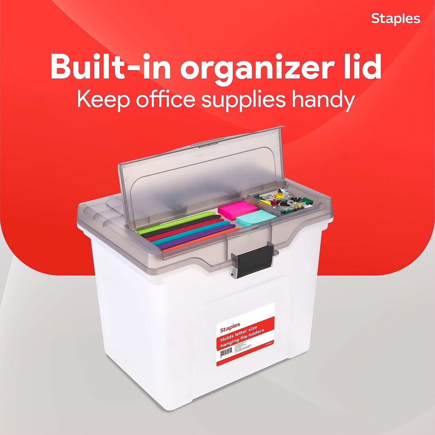 STAPLES File Folder Tote, Portable Filing Box for Letter SIze Hanging Folders, Security Latch & Built-In Lid Organizer, Black/Clear