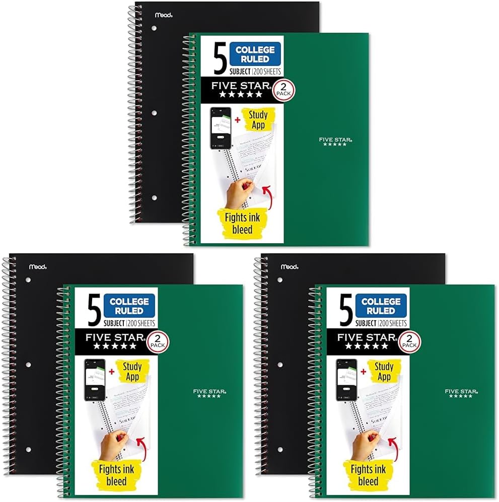 Five Star Spiral Notebook + Study App, 5 Subject, College Ruled Paper, 11" x 8-1/2", 200 Sheets, Black & Forest Green, 2 Pack (820190)