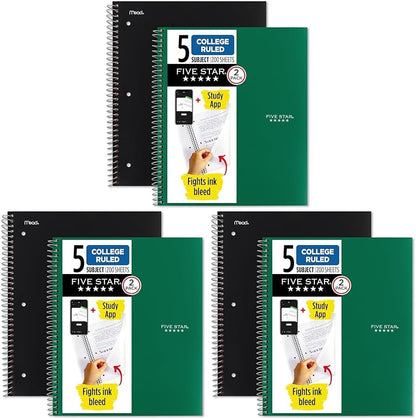 Five Star Spiral Notebook + Study App, 5 Subject, College Ruled Paper, 11" x 8-1/2", 200 Sheets, Black & Forest Green, 2 Pack (820190)