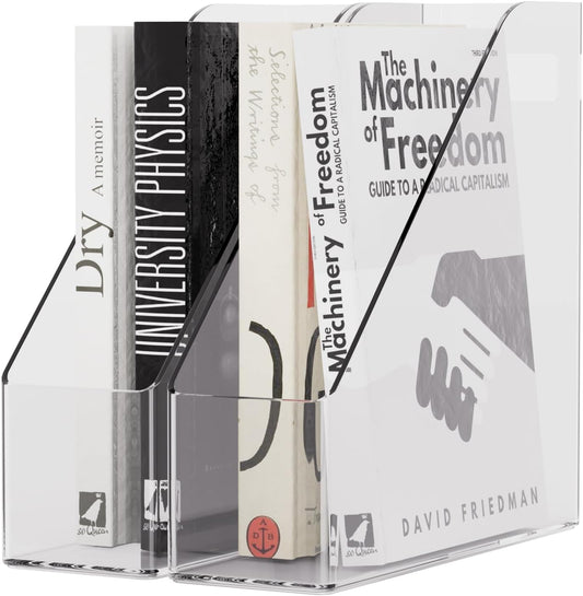 Magazine Holder, Clear Plastic Vertical File Magazine Organizer, Desktop File Magazine Book Storage Shelf for Office Desk (2PCS), 10.6x9.8x3.1 Inch