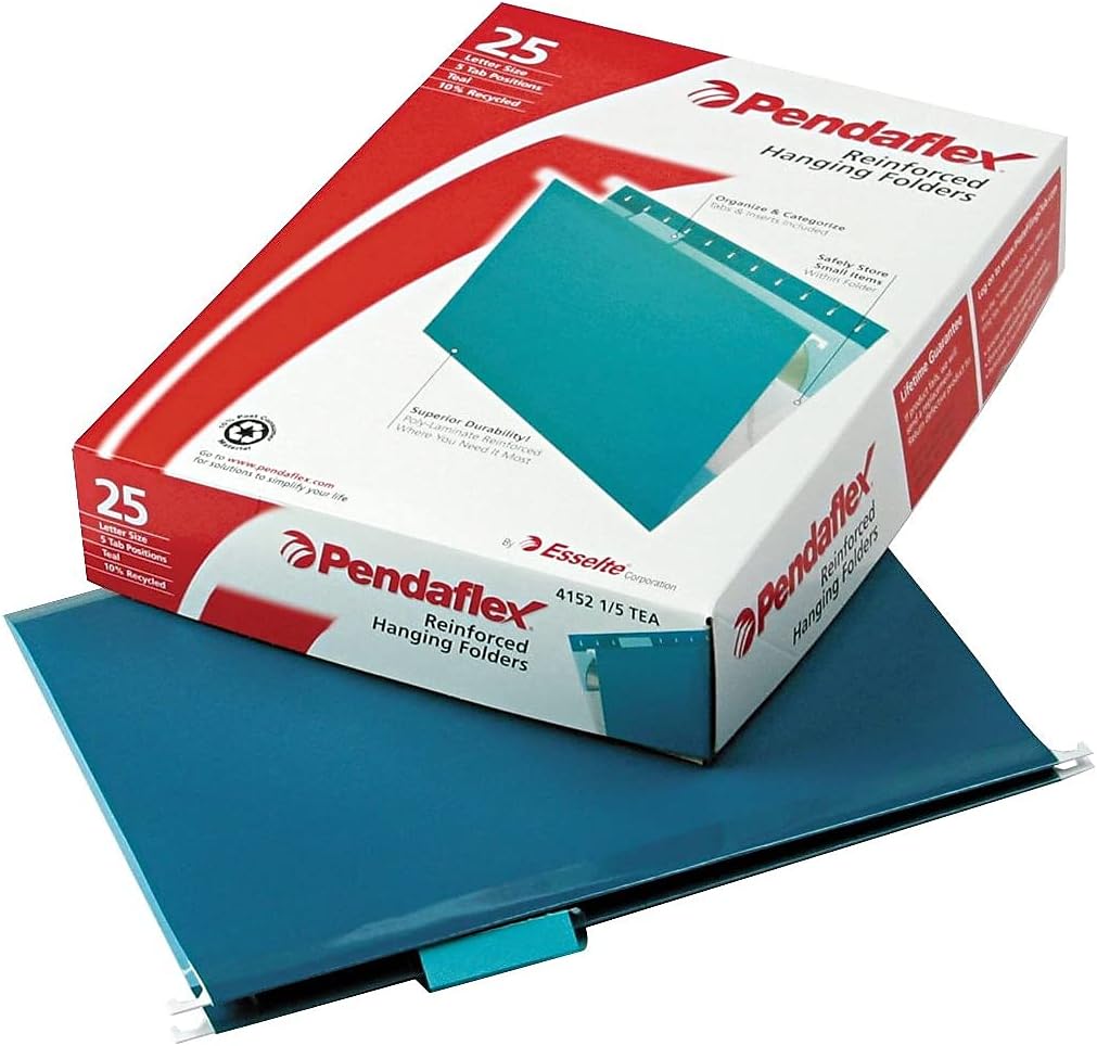 Pendaflex Reinforced Hanging File Folders, Letter Size, Bright Green, 1/5 Cut, 25/BX (4152 1/5 BGR)
