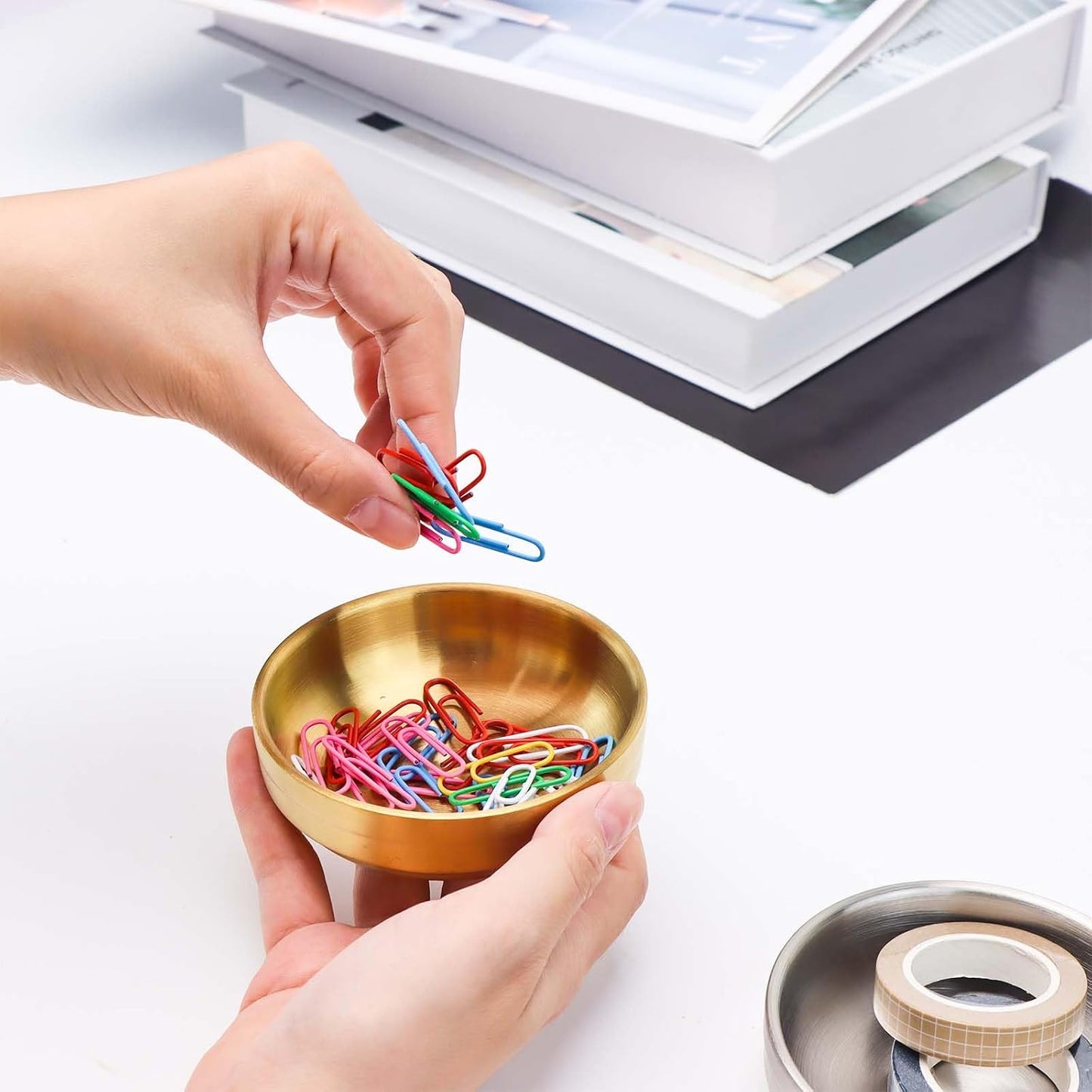 NatSumeBasics Gold Paper Clip Holder Cute Paper Clips Holder Round PaperClips Dispenser Elegant Desk Organizer Accessories Supplies (Gold)