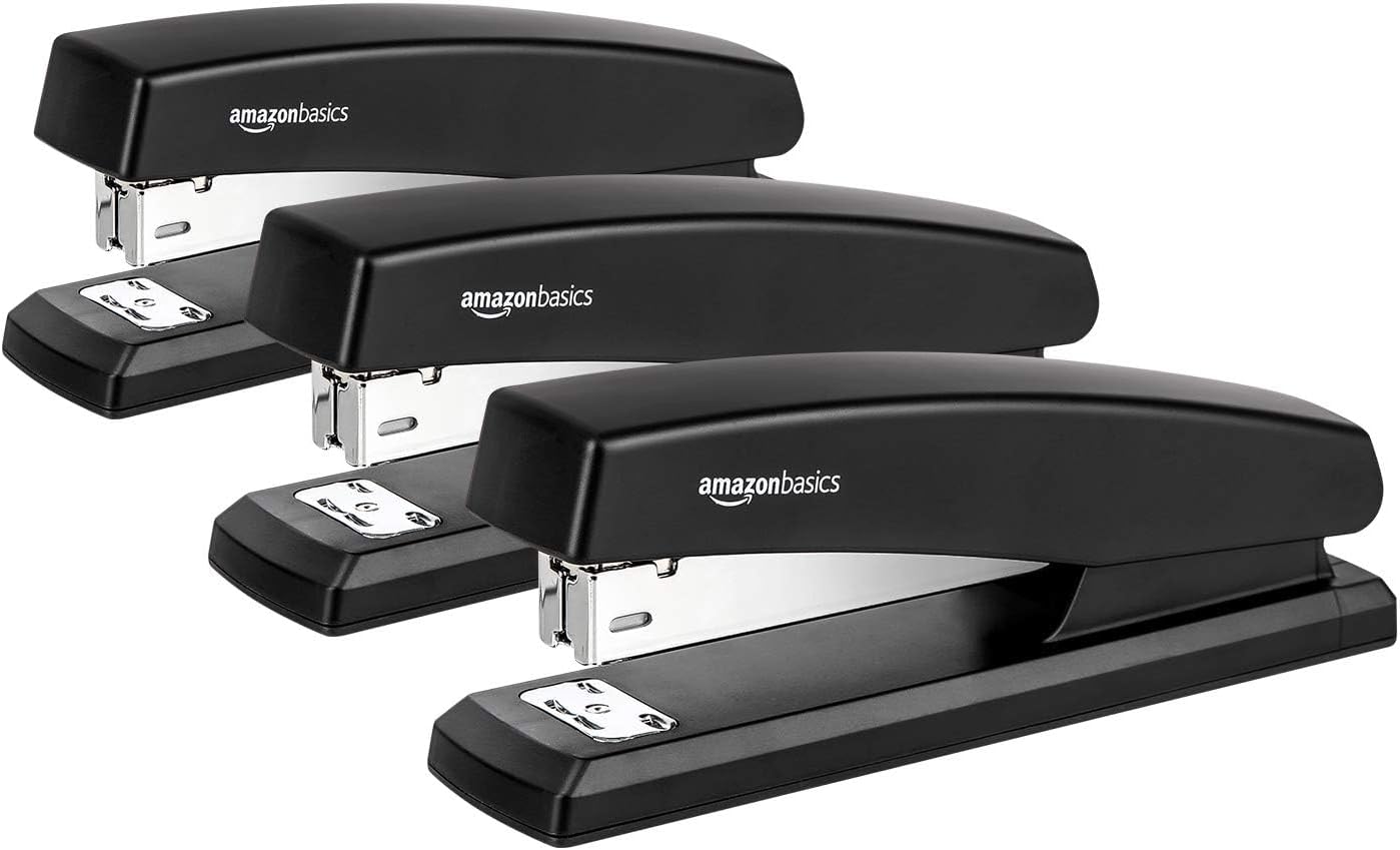 Amazon Basics Office Stapler with 1000 Staples, 25 Sheet Capacity, Non-Slip, Black, Home Office