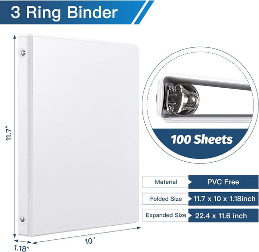 SUIN Bulk 12 Pack 0.5-inch 3 Ring Binders -Durable 1/2'' Binders with Roung Ring Binder, Large 100 Sheet Capacity, Fit 8.5" x 11" US Letter Size Paper, White (0.5'' White - 12 Packs)