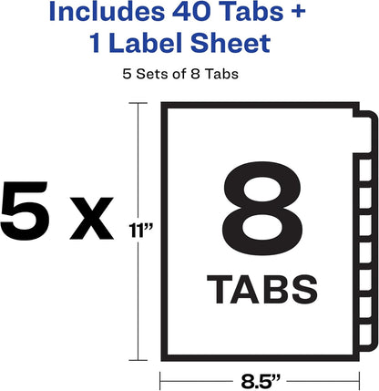 Avery 5 Tab Dividers for 3 Ring Binder, Easy Print & Apply Clear Label Strip, Index Maker Customizable White Tabs, 25 Sets (11446)