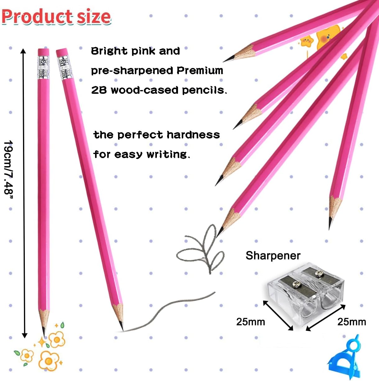 Adhere 25pcs Woodcase Pencils with Eraser Premium Pre-Sharpened Hexagon Graphite 2B pencils ideal for home, office writing including a Free Sharpener(Pink・25pcs)