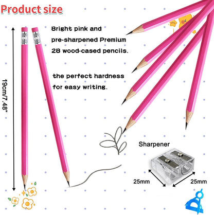 Adhere 25pcs Woodcase Pencils with Eraser Premium Pre-Sharpened Hexagon Graphite 2B pencils ideal for home, office writing including a Free Sharpener(Pink・25pcs)