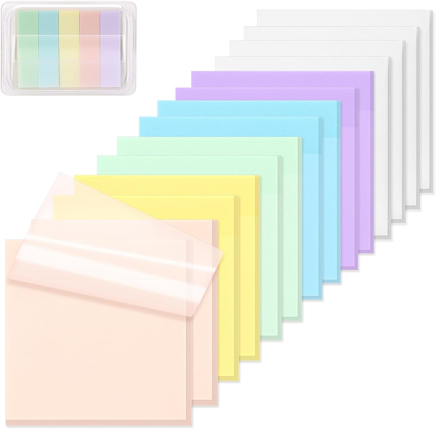 800 Sheets Transparent Sticky Notes, 3x3 Inch 14 Pads Self-Adhesive Translucent Clear See Through Post Sticky Notes for Planner Office School College Teacher Student Supplies 6 Bright Color