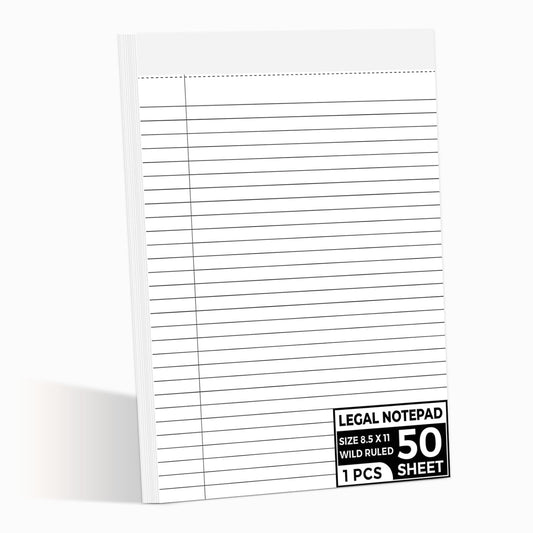 Legal Notepads 8.5 x 11, Perforated Wide Ruled Writing Pad, White Note Pads 8.5 x 11 In Notepads White Lined Paper 50 Sheets Per Writing Pad, Made in the USA ((1 Pack))