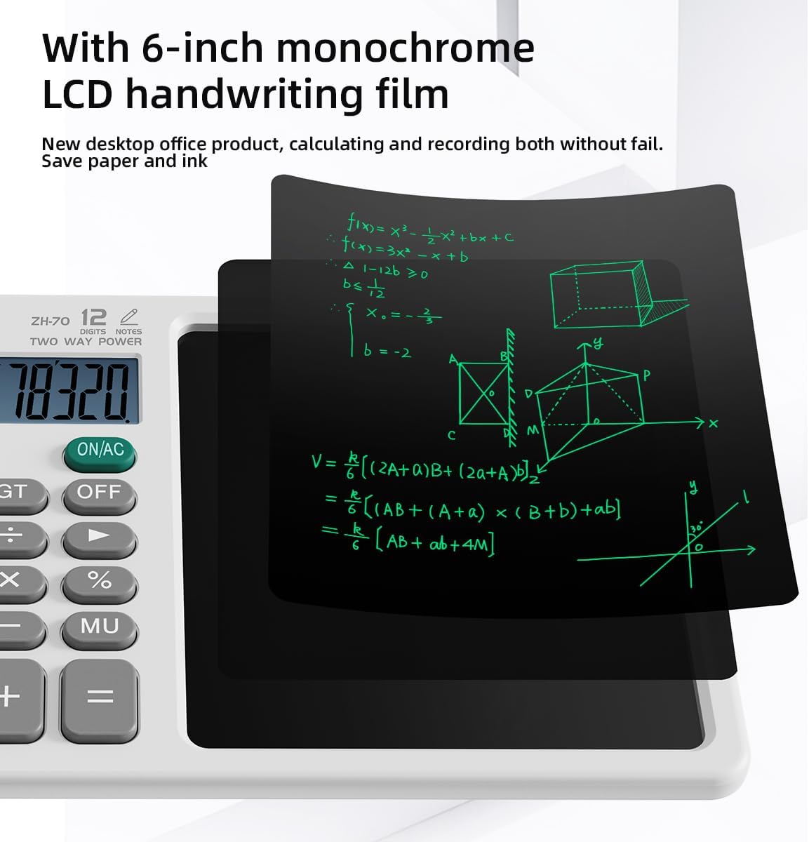 Desk Calculator with Erasable Writing Pad, 12-Digit Wide Screen Display, 100,000+ Reusable LCD Notepad, One-Click Clear & Lock Function, Solar and Battery Dual Power for Office,School,Business (Black)